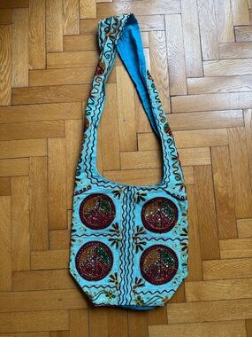 Embellished Turquoise Peace Sign Crossbody Bag with Sequins